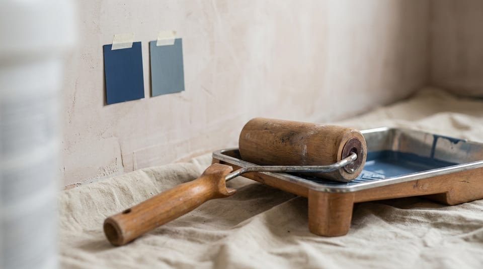 A paint roller and tray on a drop cloth beside two unlabeled color swatches taped to a freshly plastered wall.