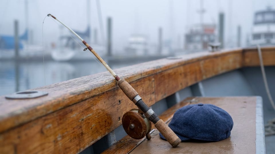 A child-sized fishing rod leaning against the rail of a charter boat beside a small cap, the harbor in mist.