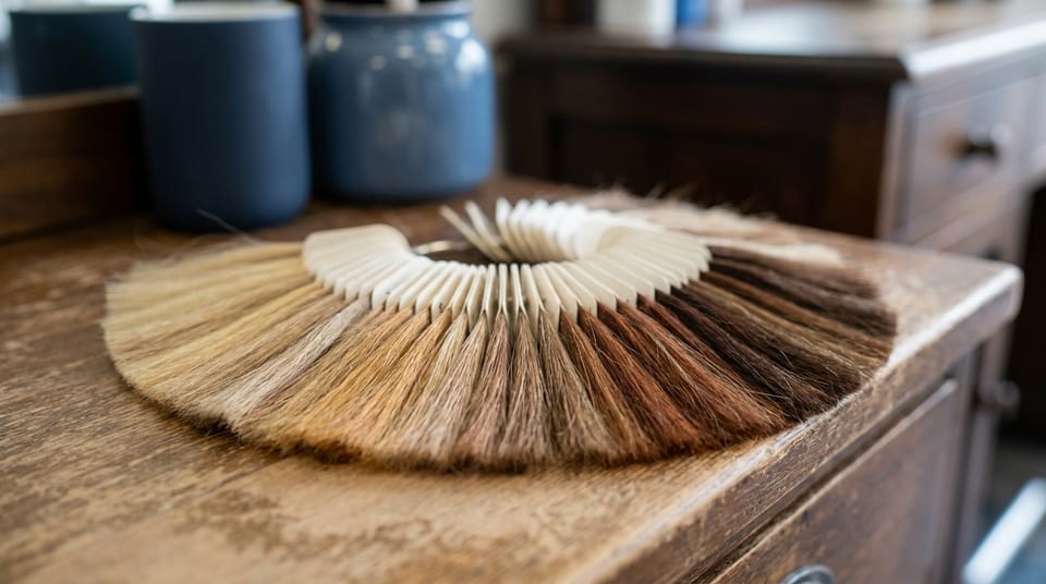 A fanned ring of hair color swatches, strands in graded shades from blonde to deep brown, on a salon counter.