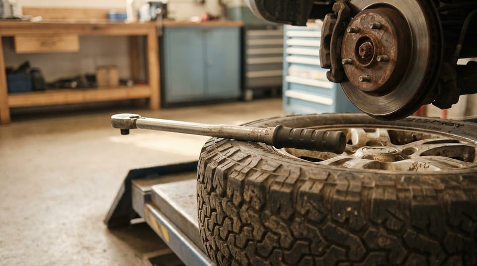 Close view of a car's front wheel and brake disc on a lift in a clean workshop, a torque wrench resting on the tire.