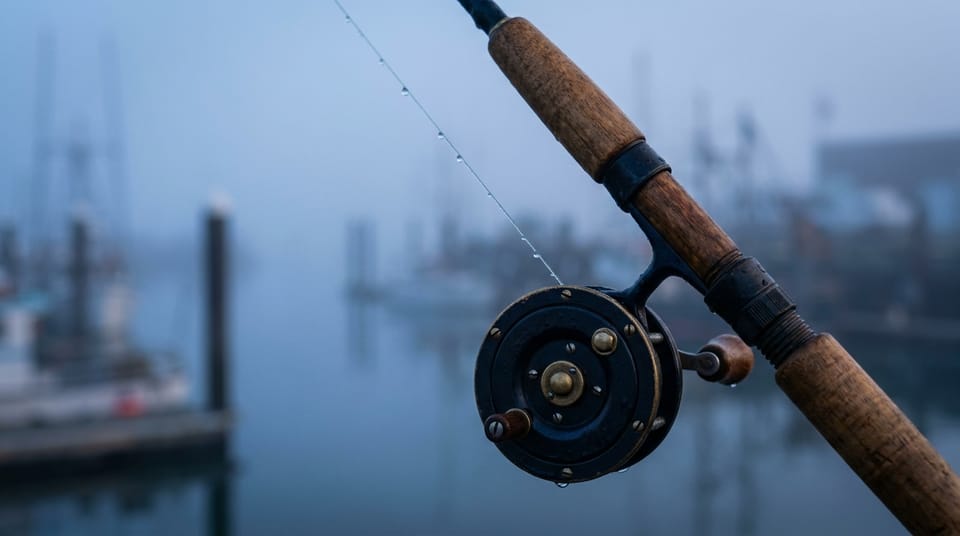 Close view of a fishing reel and rod tip against a misty harbor at dawn, droplets on the line.