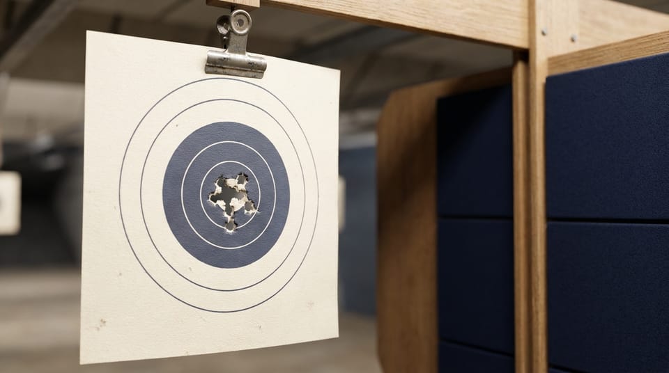 A plain paper target of concentric rings with a tight group of holes in the center, hanging from a lane clip under soft range lighting.