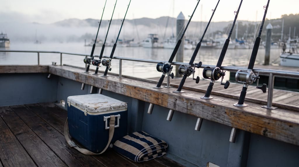 A row of fishing rods in rail holders along the gunwale of a charter boat at the dock, a cooler and folded towels on the deck, mist over the harbor.