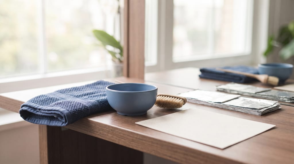A color bowl, a tint brush, a folded towel and a row of foils beside a blank card on a salon counter under a window.