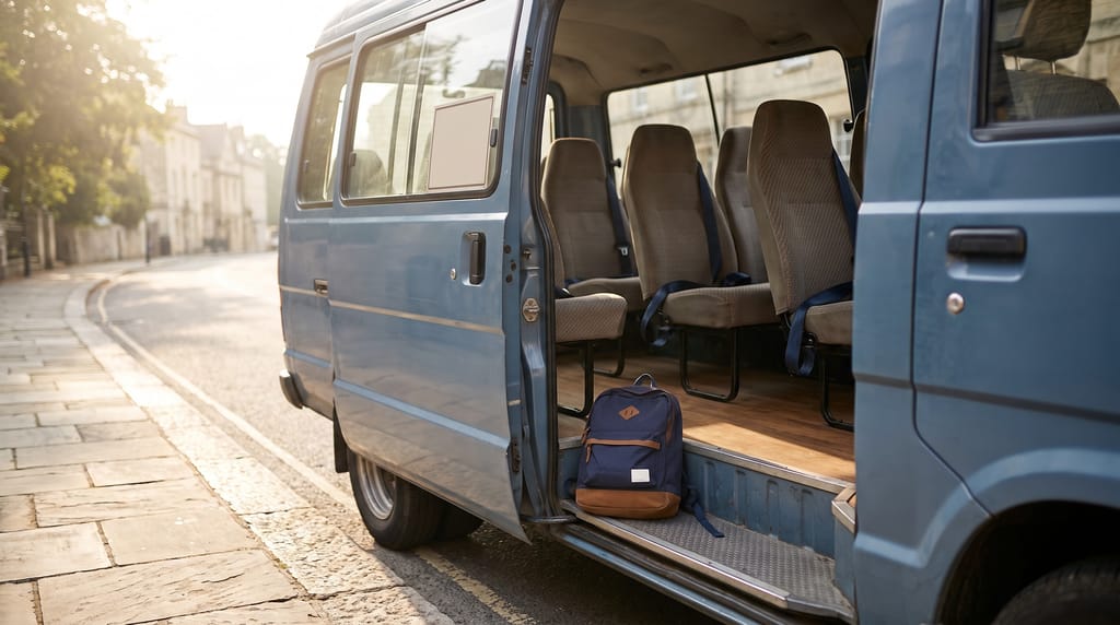 The open sliding door of a blue minibus at a curb, a row of empty seats with lap belts and a small backpack on the step.