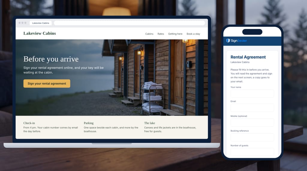 A laptop on a cabin's coffee table at dusk showing Lakeview Cabins' own website, with a Sign your rental agreement button, and beside it a phone on the SignSealer form that button opens: name, email, booking reference and number of guests.