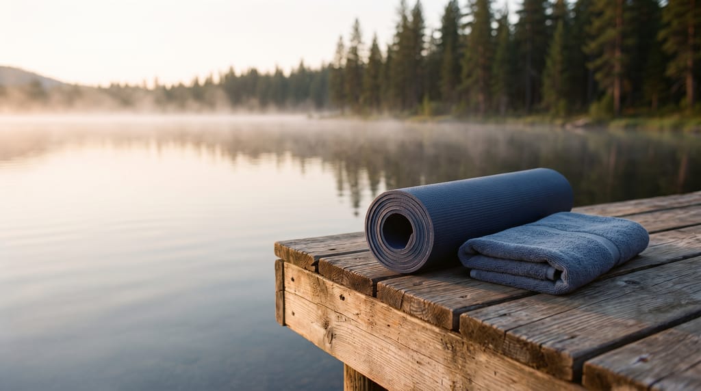 A rolled yoga mat and a folded towel on a weathered wooden deck at the edge of a lake at sunrise, pines and morning mist behind.