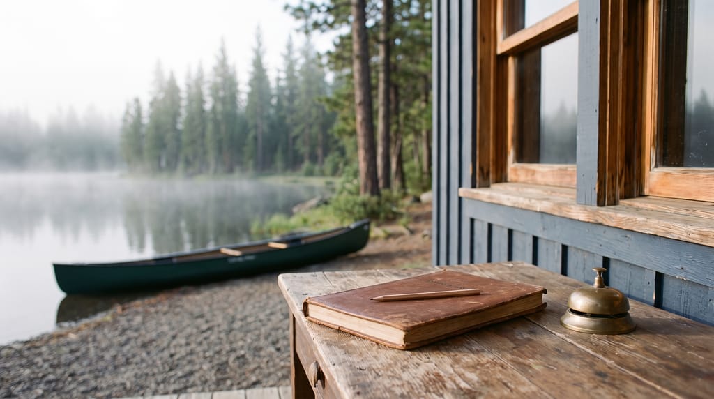 A closed leather-bound booking ledger with a pencil laid on it and a brass bell beside it, on a small wooden desk on a lakeside cabin's porch, a canoe pulled up on the shore and pines in morning mist behind.