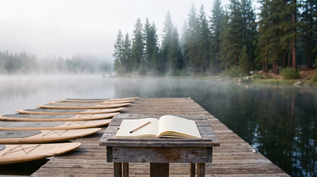 An open appointment book with blank pages and a pencil on a weathered wooden table at the end of a lakeside dock, wooden stand-up paddleboards lying along the dock beside it, pines in morning mist across the water.