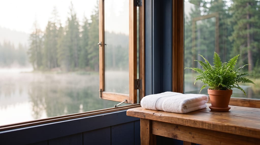 A neatly folded white towel and a small potted fern on a wooden treatment table by an open window in a quiet lakeside studio, a misty lake and pines outside.