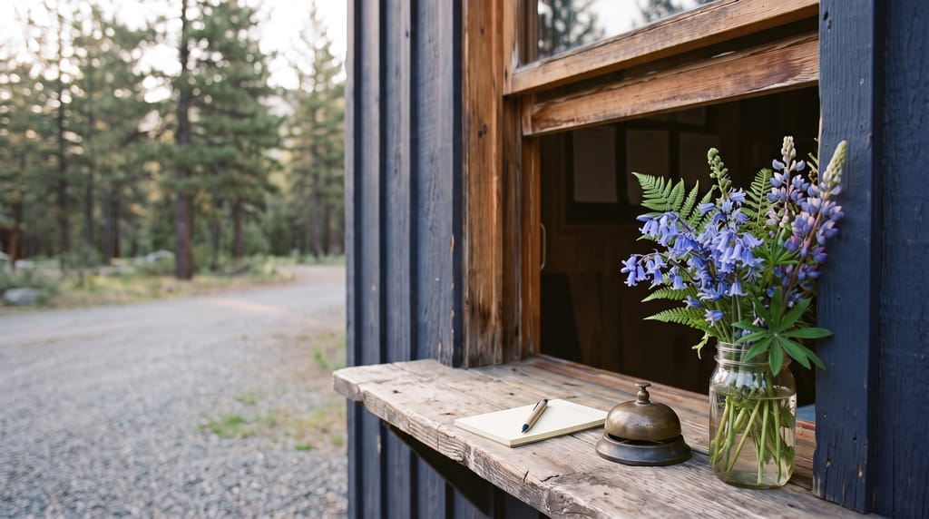 A brass service bell, a small blank notepad and a jar of bluebells on the wooden ledge of a navy cabin's service window, pines and a gravel road behind.