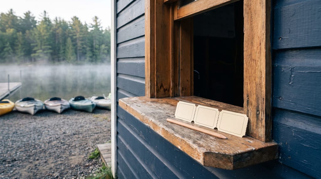 A strip of three blank paper tickets and a pencil on the ledge of a small wooden ticket window at a lakeside boathouse, kayaks pulled up on the shore and pines in morning mist behind.