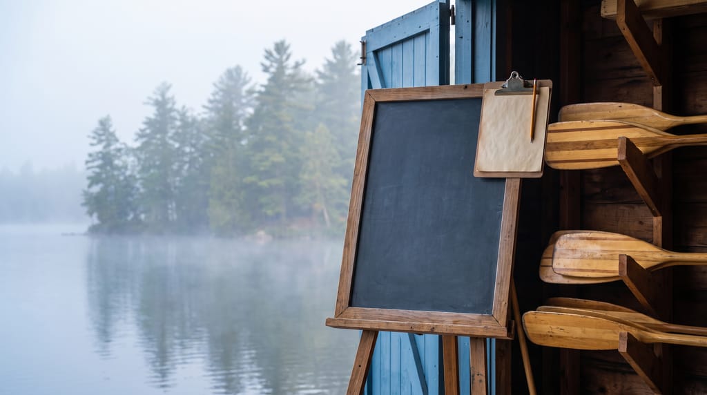 A wooden easel holding a blank chalkboard beside the open door of a lakeside boathouse, a clipboard of blank paper and a pencil hanging from it, paddles in a rack and pines in morning mist behind.