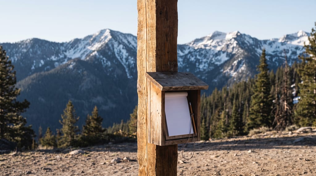 A small roofed wooden box holding a pad of blank paper and a pencil on a cord, fixed to a weathered post at a mountain trailhead, snow-capped peaks and pines behind in clear morning light.
