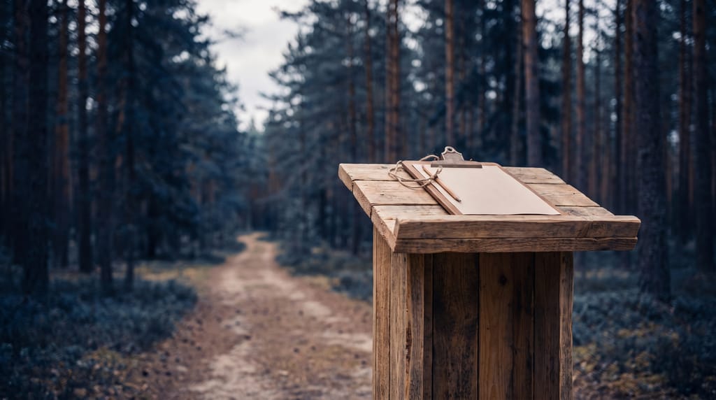 A wooden lectern at the head of a forest trail with a clipboard of blank paper and a pencil tied on with string, the trail running into pines.