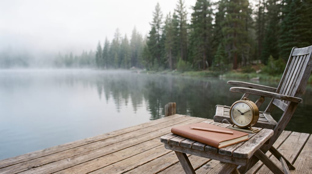 A brass desk clock and a closed notebook with a pencil on a small wooden table beside a weathered folding chair on a lakeside dock, a misty lake and pines behind.
