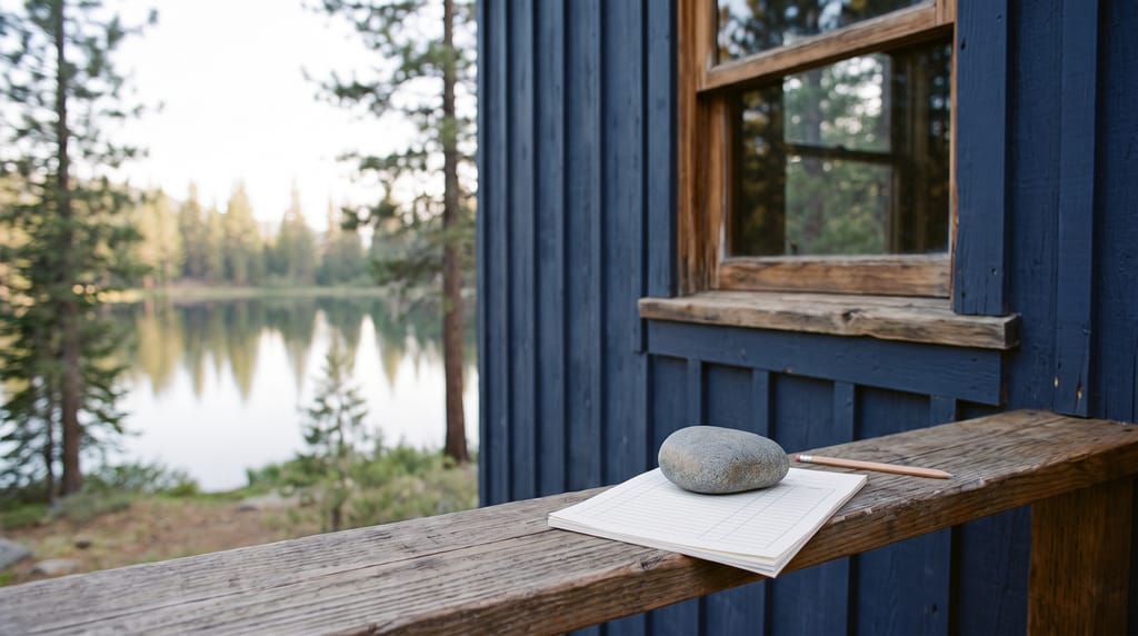 A pad of blank ruled forms held down by a gray river stone on the porch rail of a navy cabin, a pencil beside it, a still lake and pines behind.
