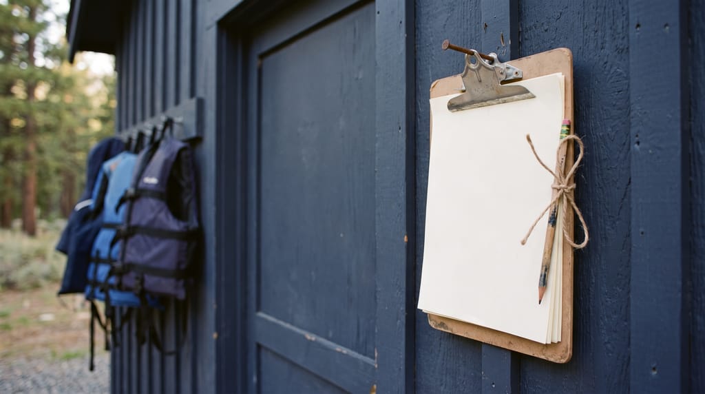 A clipboard of blank paper with a pencil tied on with twine, hanging on a nail by the door of a navy boat-rental shed, life jackets on hooks along the wall and pines behind.
