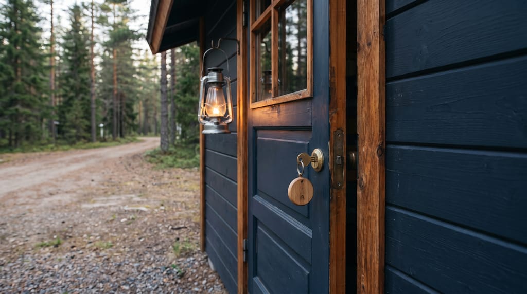 The navy door of a campground check-in cabin standing open at dawn, a key on a round wooden fob in the lock and a lit lantern beside the frame, a gravel road through pines behind.