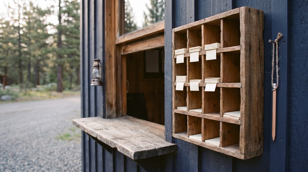 A wooden rack of pigeonholes holding blank forms beside the service hatch of a navy cabin, a pencil hanging on twine, a gravel road and pines behind.