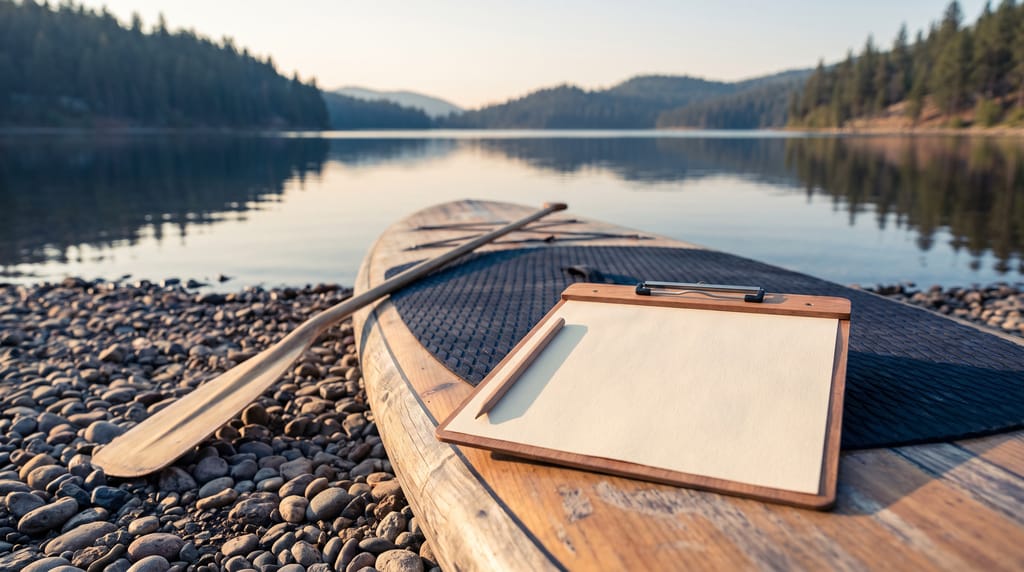 A clipboard of blank paper with a pencil on the deck of a wooden stand-up paddleboard pulled up on a pebble beach, its paddle lying beside it, a still lake and pine-covered hills behind in soft morning light.