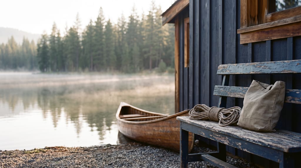 A coiled climbing rope and a canvas bag on a wooden bench outside a lakeside boathouse, a canoe on the shore and pines in morning mist behind.