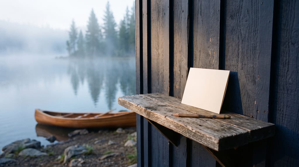A blank card and a pencil on a weathered wooden shelf fixed to a cabin wall by a lake, a wooden canoe pulled up on the rocky shore and pines in morning mist behind.