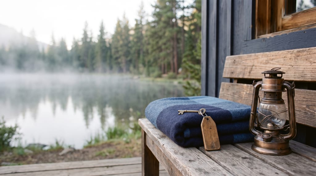 A brass cabin key on a plain wooden fob resting on a folded wool blanket on the porch bench of a lakeside cabin, a lantern beside it, a misty lake and pines behind.