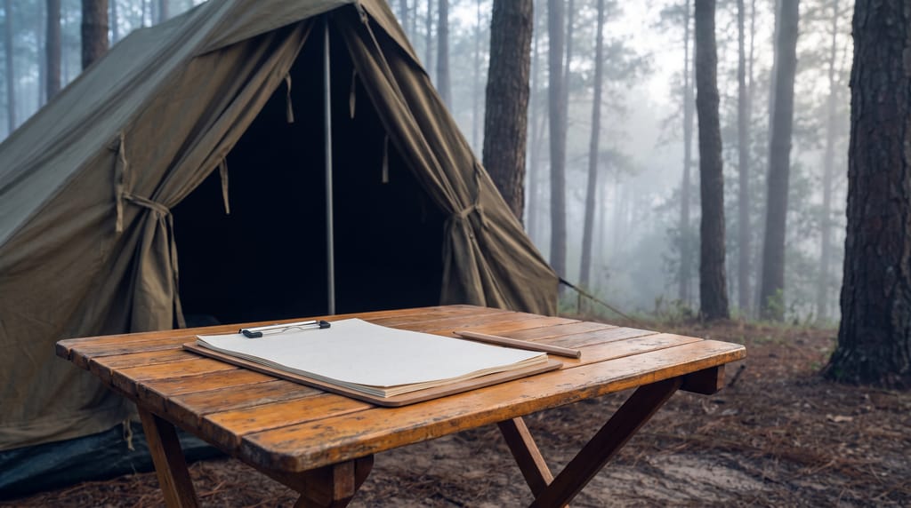 A clipboard of blank paper and a pencil on a folding wooden camp table in front of a canvas tent tied open, tall pines in morning mist behind.