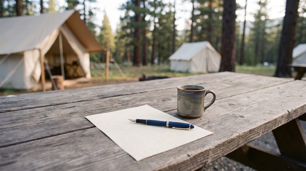 A navy fountain pen on a blank sheet of paper on a weathered picnic table, a mug of coffee beside it, canvas tents among the pines behind.