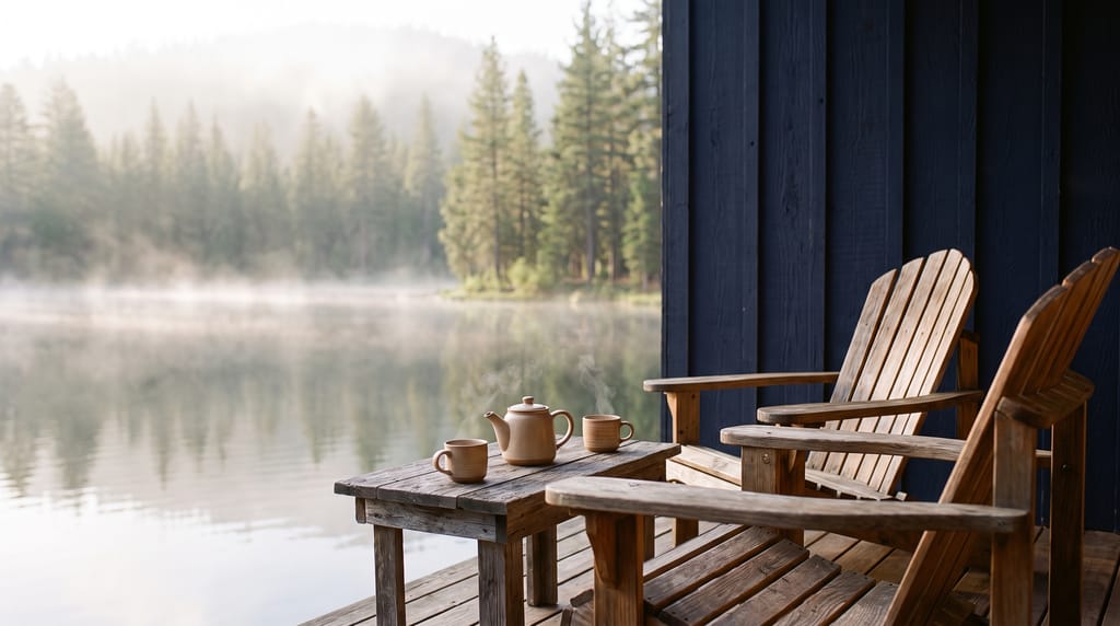 Two wooden armchairs beside a small table with a teapot and two cups on a cabin porch, a misty lake and pines behind.