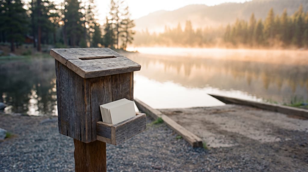 A weathered wooden drop box with a slot on a post beside a gravel boat launch, a stack of blank cards in a holder on its side, the lake misty at sunrise.