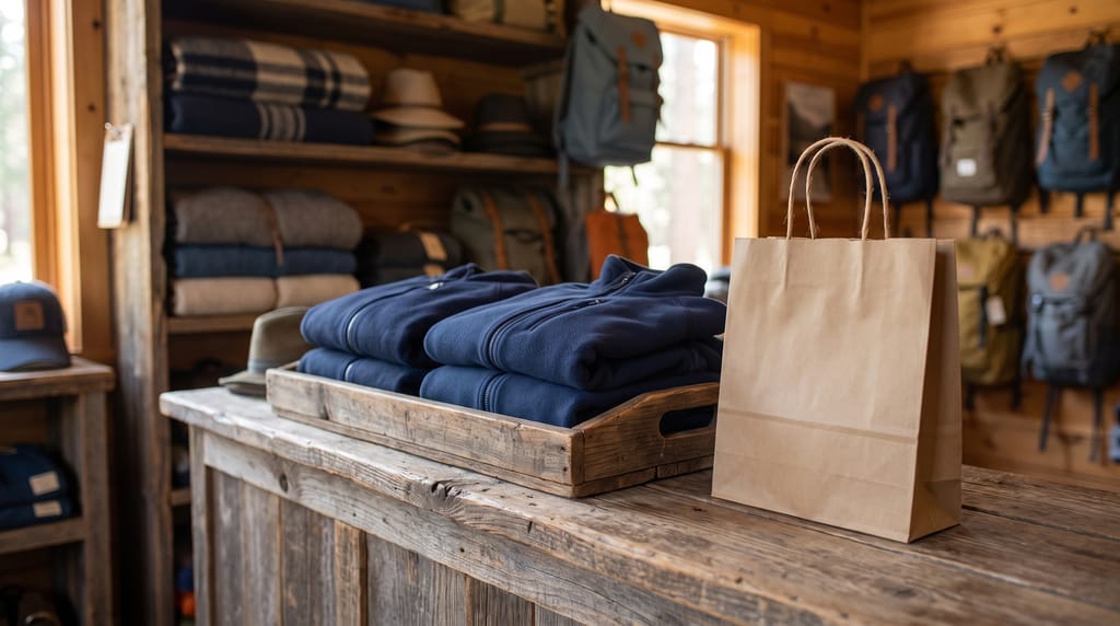 An outfitter's wooden counter with a tray of folded navy fleece jackets and a kraft paper bag, shelves of blankets, hats and backpacks behind.