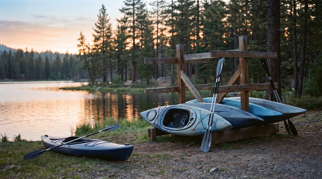 Kayaks on a wooden rack at the edge of a lake at sunrise, paddles leaning on it, and one kayak set apart on the grass with its paddle laid across it.