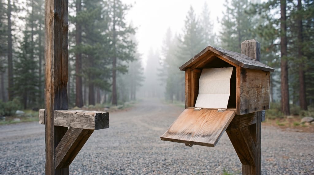 A small wooden mailbox on a post at a campground's gravel entrance, its door open and a blank sheet of paper inside, pines in morning mist behind.