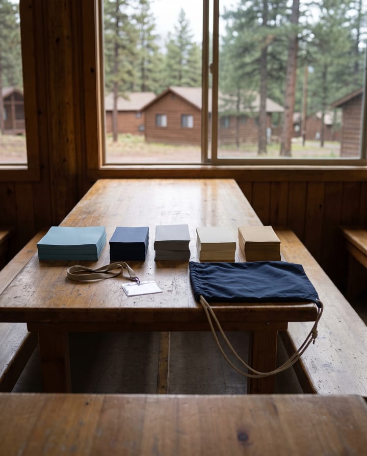 A camp dining hall table with five neat stacks of forms in different colors, a lanyard with a blank name badge and a small drawstring bag, cabins among the pines through the window.