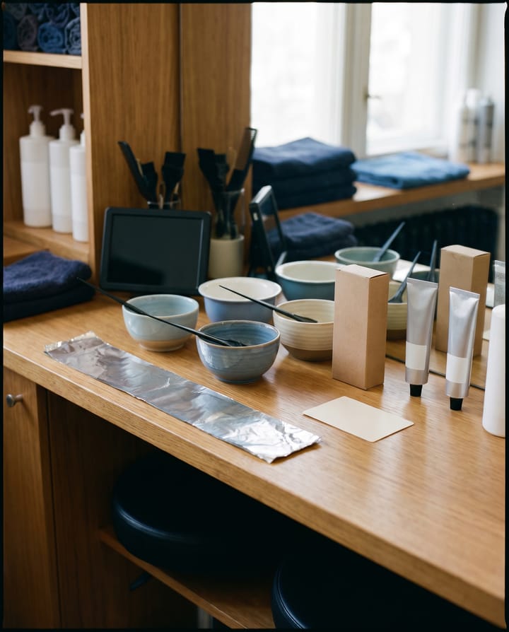 A salon color bar: mixing bowls and brushes, a strip of foil, a plain box beside tubes of color, a blank card, folded towels on the shelf.