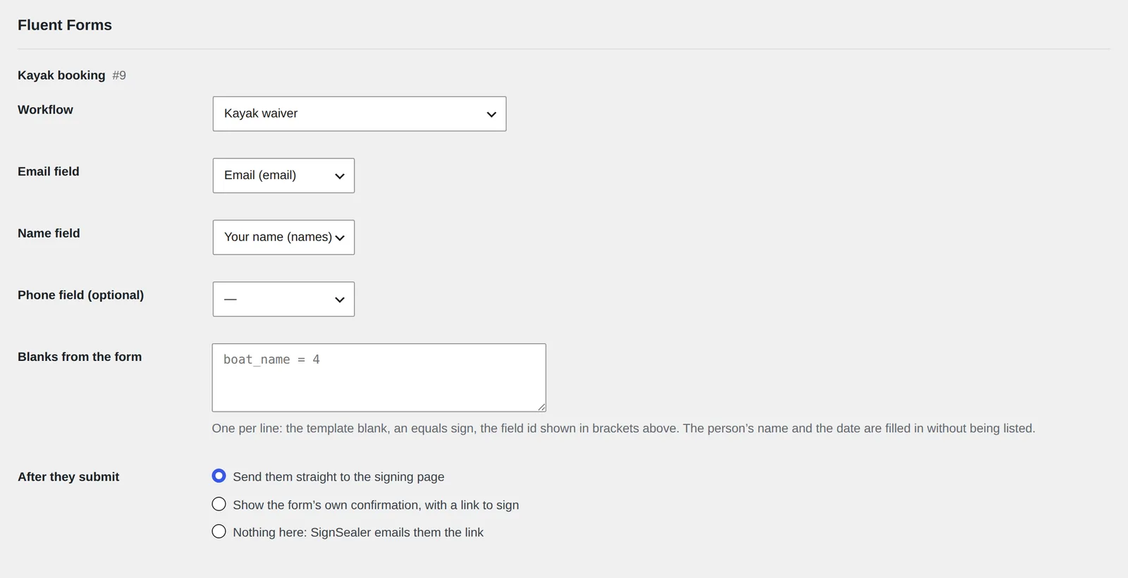 SignSealer → Forms: the Fluent Forms heading and its form Kayak booking, set to start the Kayak waiver.
