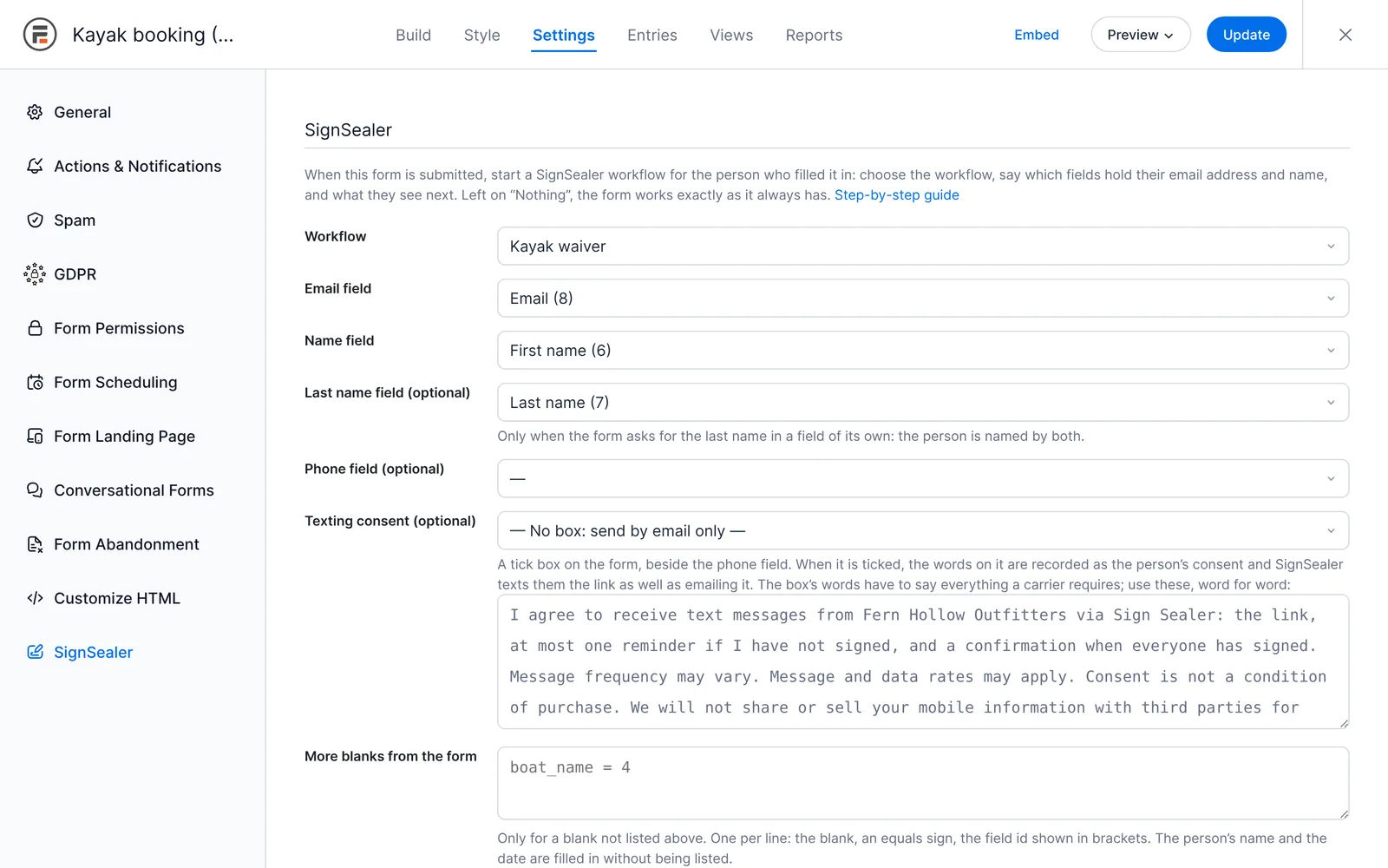 A Formidable form's settings, open at SignSealer in its settings menu, set to start the Kayak waiver.