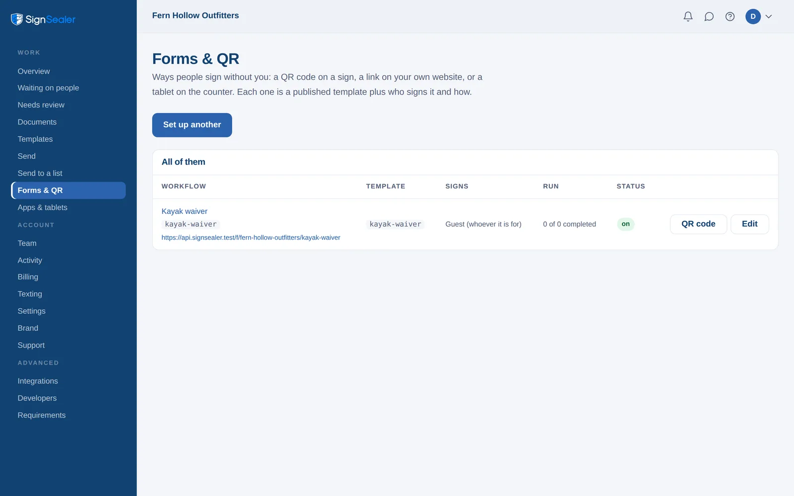 Forms & QR in the SignSealer app, listing the Kayak waiver form.