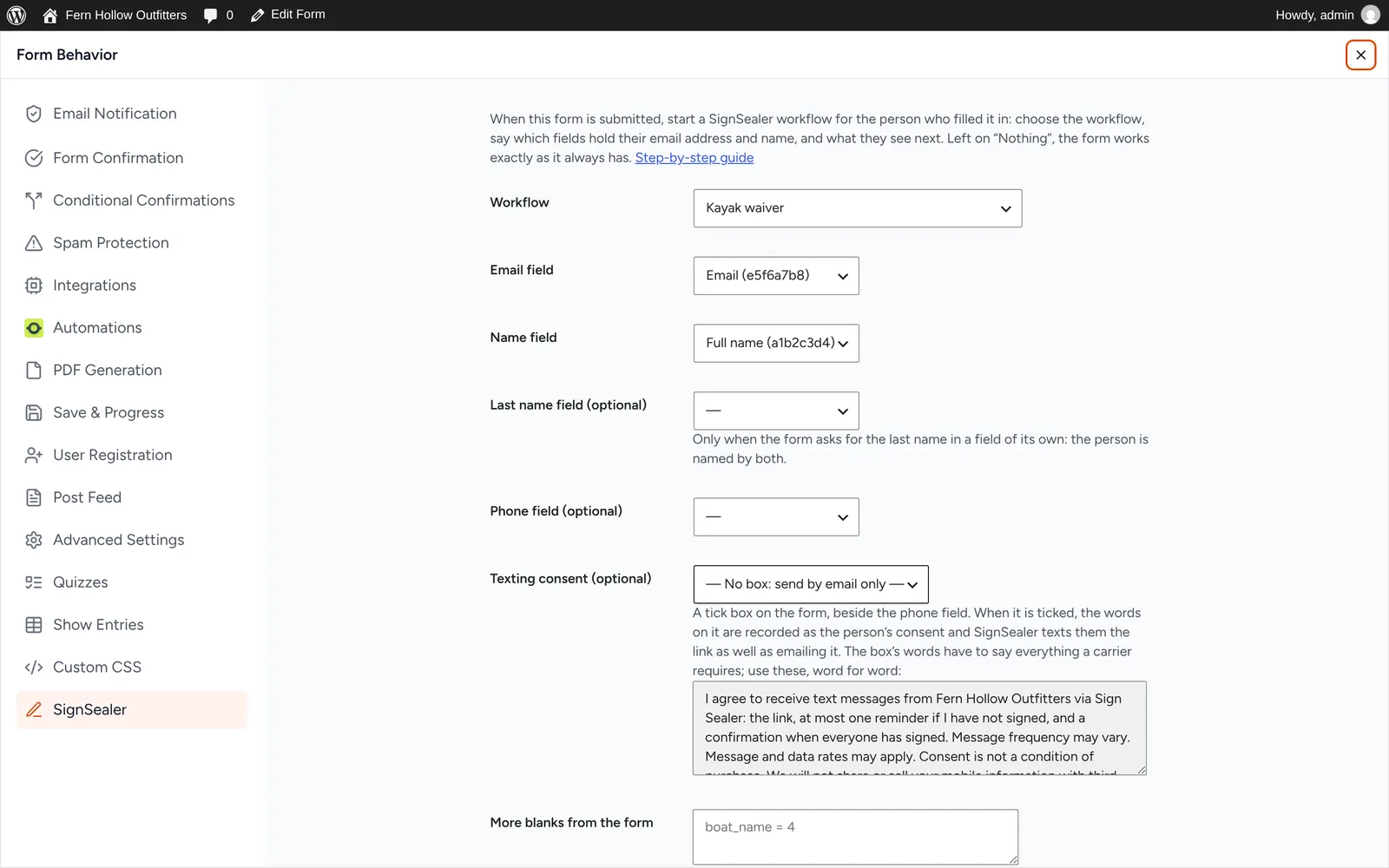 SureForms' Form Settings dialog open at its SignSealer tab, set to start the Kayak waiver.