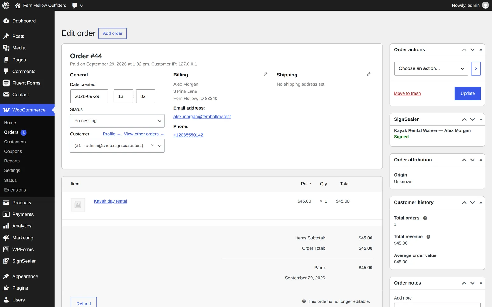 A WooCommerce order in the admin, with the SignSealer box in the right-hand column showing its agreement signed.