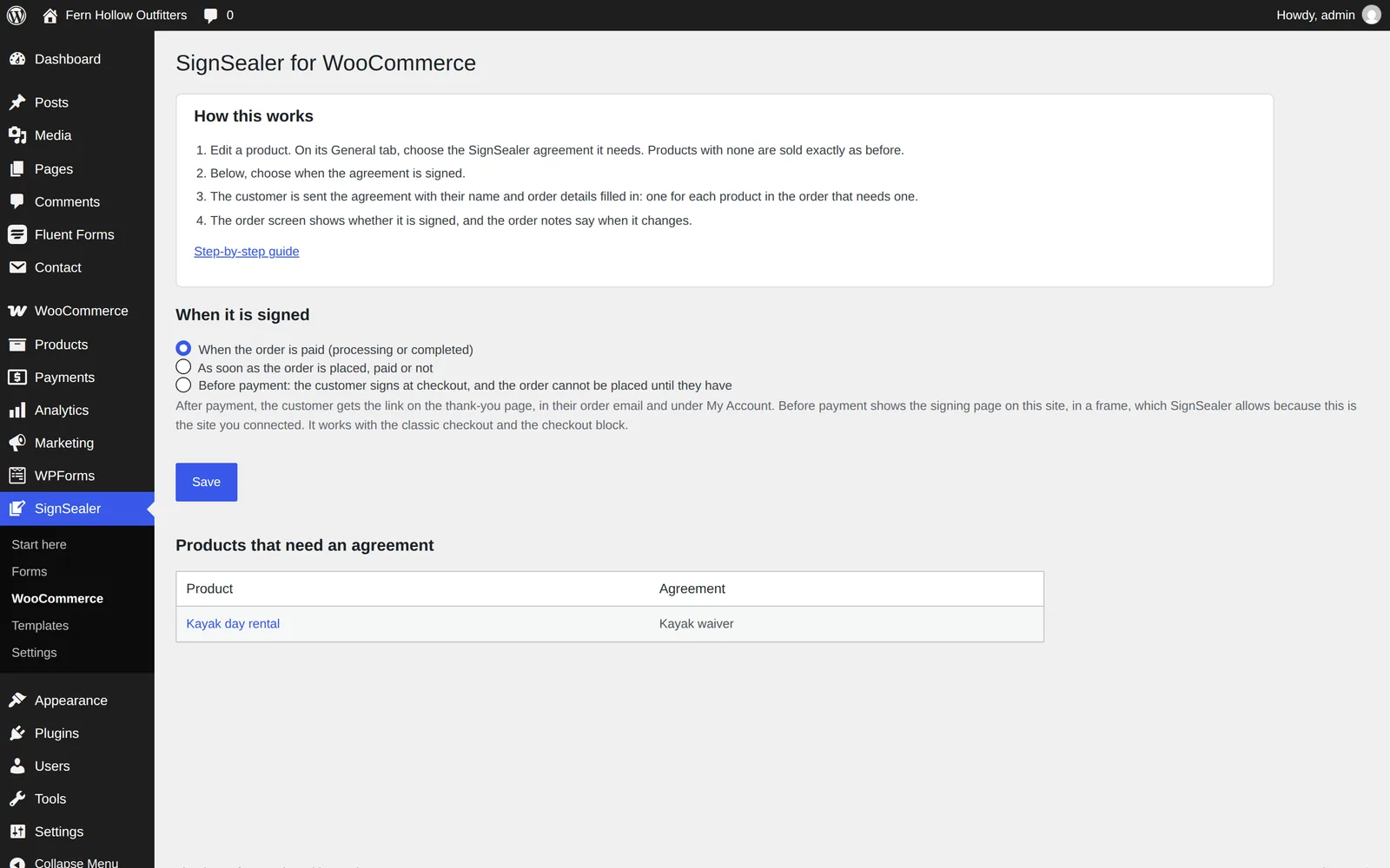 SignSealer → WooCommerce: how it works, the choice of when the agreement is signed, and the products that need one.